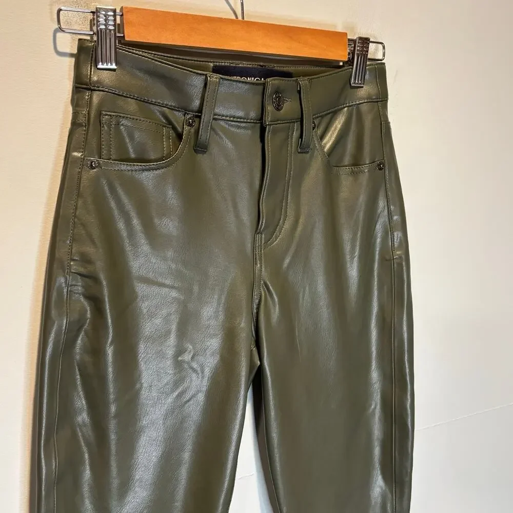 Veronica Beard Debbie Ankle Skinny Olive Faux-Leather Pant - size 24
